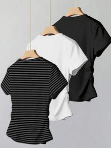 Bộ 3 áo thun kẻ sọc dáng casual cho bé gái tuổi teen, màu đen, trắng, xám đậm, kiểu dáng tối giản, eo rút dây, tay ngắn ôm sát, thích hợp mặc hàng ngày vào mùa xuân và hè, thoải mái dễ chịu, áo thun casual mùa hè, thời trang xuân hè, phong cách thanh lịch tự nhiên, thoải mái, giản dị. - Nhiều màu - Xem 2
