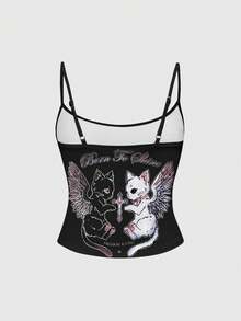 ROMWE Goth 哥特风猫咪十字心印花女式吊带衫 - 黑色 - 查看 2