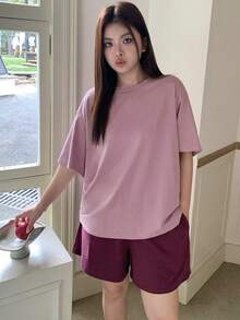 Dazy Plus 两件套休闲家居服，宽松短袖上衣和松紧腰短裤，大码女式睡衣，春夏款 - 紫色 - 查看 10