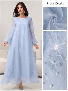 Al Najma Abito elegante e romantico con scollo tondo, maniche a lanterna, decorato con perle e fiori 3D, con gonna ampia, adatto per la primavera/estate - Blu - Visualizzare 6