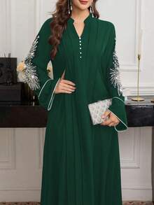 SHEIN Najma Elegant Dress With Beaded Collar Flower And Contrast Trim - Green - View 2