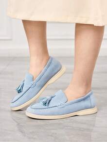 Sleekvia 女士休闲流苏设计套脚乐福鞋，适合日常穿着 - 淺藍色 - 查看 4