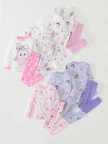 7pcs/Set Random 2pcs Girls Cute Floral & Fairy Print Fitted Long Sleeve Top And Pants Homewear Set - Multicolor - View 7