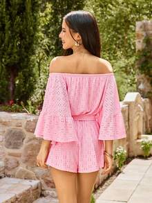 KARISMINA Women's Solid Color Knit Lantern Sleeve Off-Shoulder Jumpsuit, Suitable For Spring/Summer Vacation - Pink - View 3