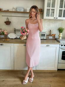 SHEIN 女士休闲蕾丝拼接吊带针织提花A字睡裙 - 淺粉色 - 查看 3