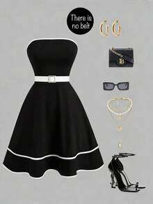 Franclia 女士优雅撞色包边腰部喇叭裙摆无肩带连衣裙，不含腰带 - 黑色 - 查看 2