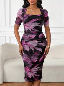 SHEIN Lady Women's Floral Print Ruched Fitted Elegant Short Puff Sleeve Dress ,Summer Dress,Spring Dresses For Women - Multicolor - View 1
