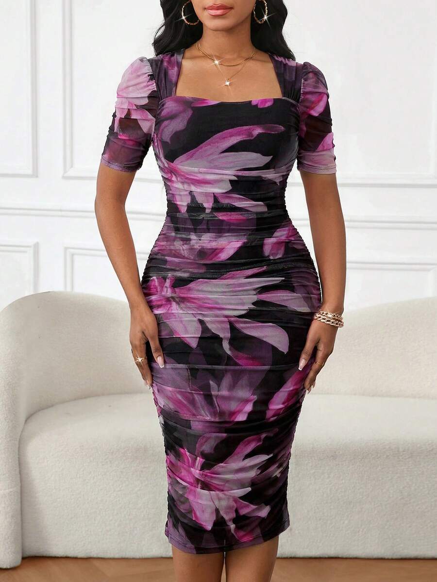 SHEIN Lady Women's Floral Print Ruched Fitted Elegant Short Puff Sleeve Dress ,Summer Dress,Spring Dresses For Women - Multicolor - View 1