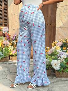 SHEIN 孕妇休闲格子樱桃印花裤 - 藍白色 - 查看 3