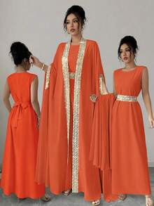 Rafferiza Women's Elegant 2 Pieces Set: Ribbon Trim Batwing Sleeve Robe & Sleeveless Round Neck Dress - Orange - View 8