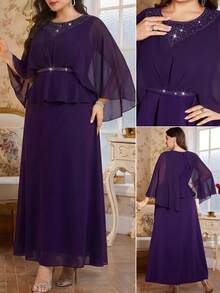 Reflora Curvy Plus Size Women's Elegant Purple Summer Formal Wedding Dress,Chiffon Batwing Sleeves Rhinestone Fake Two-Piece Prom Ball Gown,Luxury - Purple - View 1