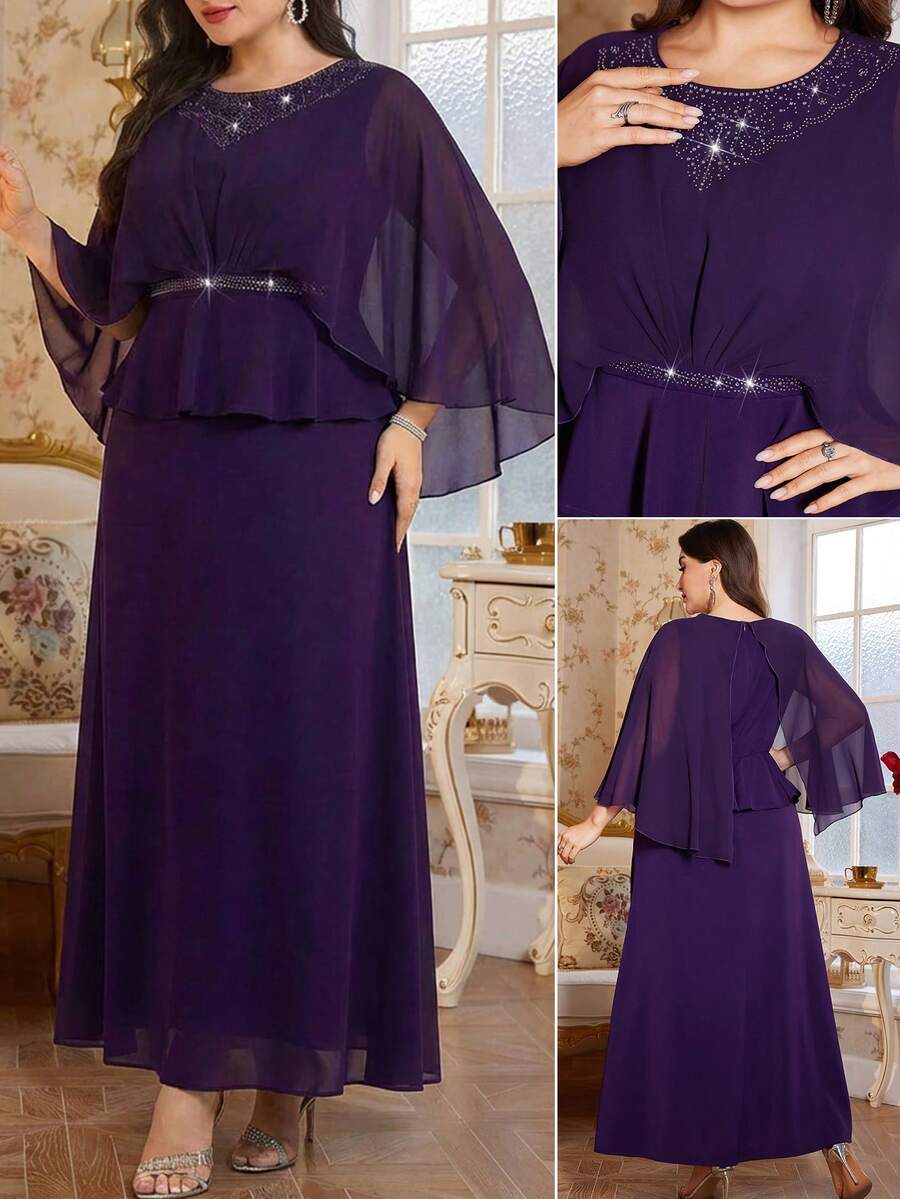 Reflora Curvy Plus Size Women's Elegant Purple Summer Formal Wedding Dress,Chiffon Batwing Sleeves Rhinestone Fake Two-Piece Prom Ball Gown,Luxury - Purple - View 1