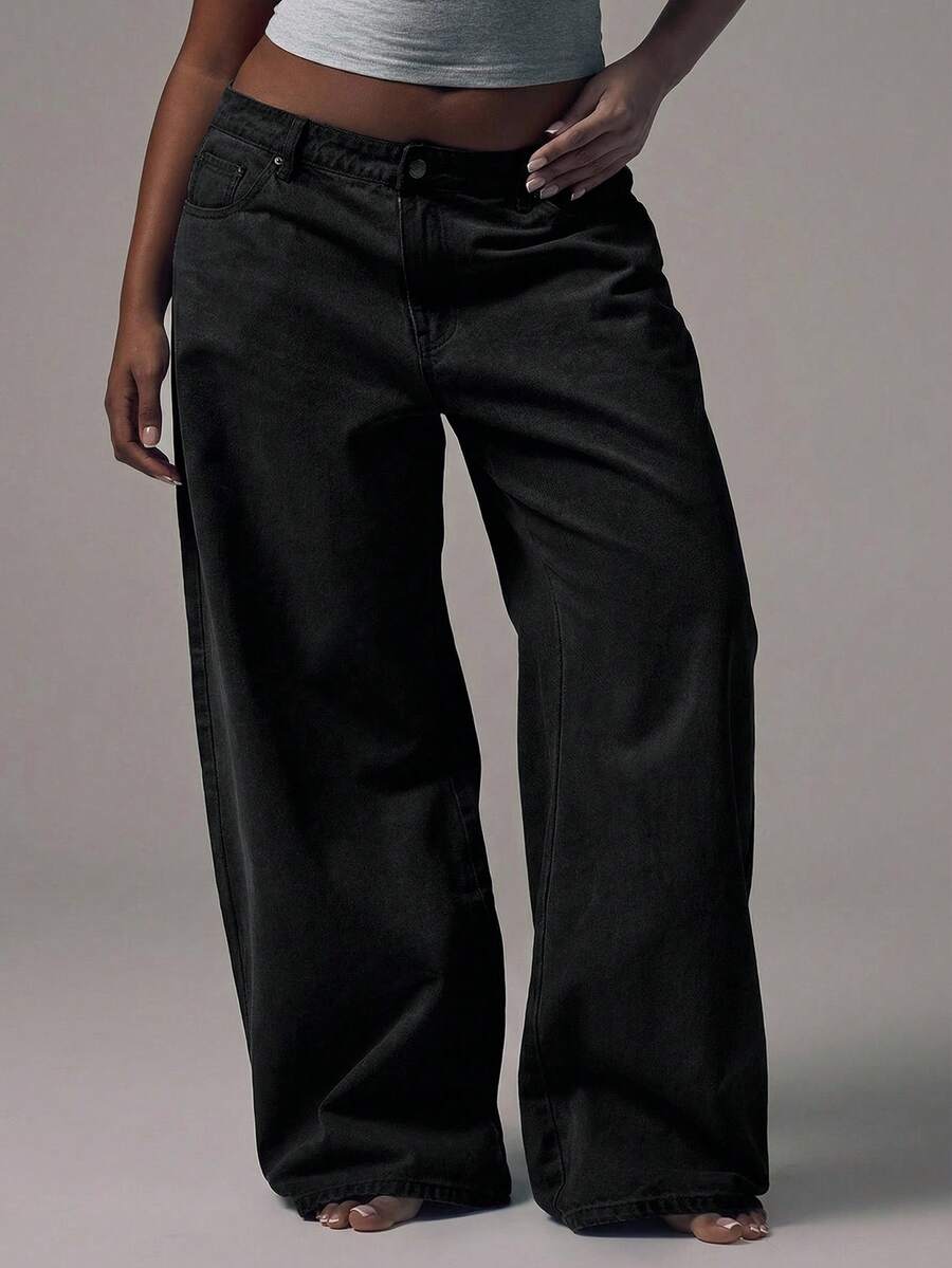 MUSERA Plus Size Wide Leg Denim Jeans Winter Everyday Flattering Core Denim - Black - View 1