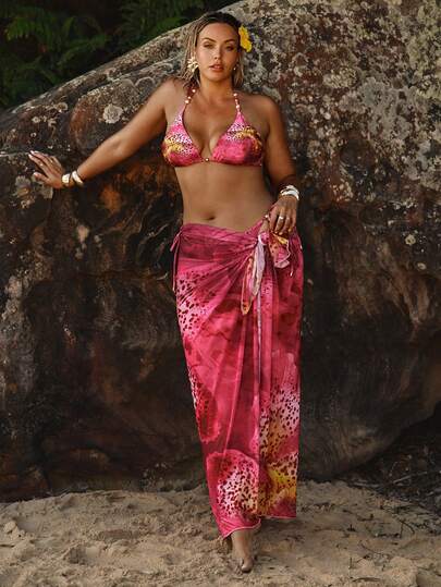 SHEIN BAE Plus Size Dames Cover-up met Luipaardprint en Strikceintuur in de Taille, bestaande uit een set ... en een rok.