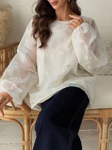 Vivie Lora Damen Pailletten Stickerei Loose Crew Neck Pullover Bluse - Weiss - Übersicht 7