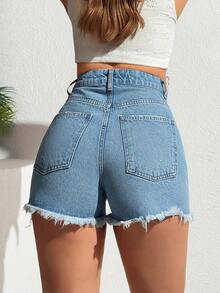 SHEIN Cottnline شورت جينز قصير بخصر عالي وحافة مهترئة بتفاصيل دقيقة، أزرق فاتح، كاجوال صيفي للعطلات - أزرق فاتح - مشاهدة 2