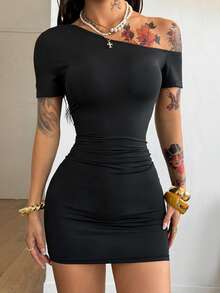 Coolane Váy ngắn tay cổ bất đối xứng co giãn thoải mái, phong cách Y2K, tối giản, mặc hàng ngày, phù hợp mọi mùa, dành cho nữ - màu đen - Xem 2