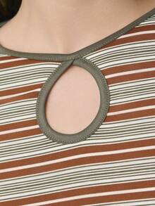 Nöista Long-Sleeve Striped Top Features A Unique Keyhole Neckline With Contrast Trim, For Stylish Everyday Wear, Summer, Spring. - Brown - View 7