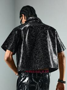 ROMWE MEN Street Life Spring/Summer Casual Graphic Men'S Fashion Pu Texture Zipper Short Sleeve Shirt - Black - View 2