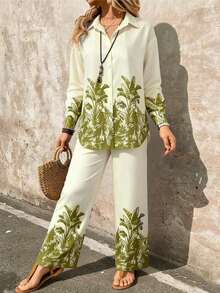 INAWLY Woven Fabric Positioned Print Elegant Loose Women's Suit, Suitable For Commuting - Green - View 1
