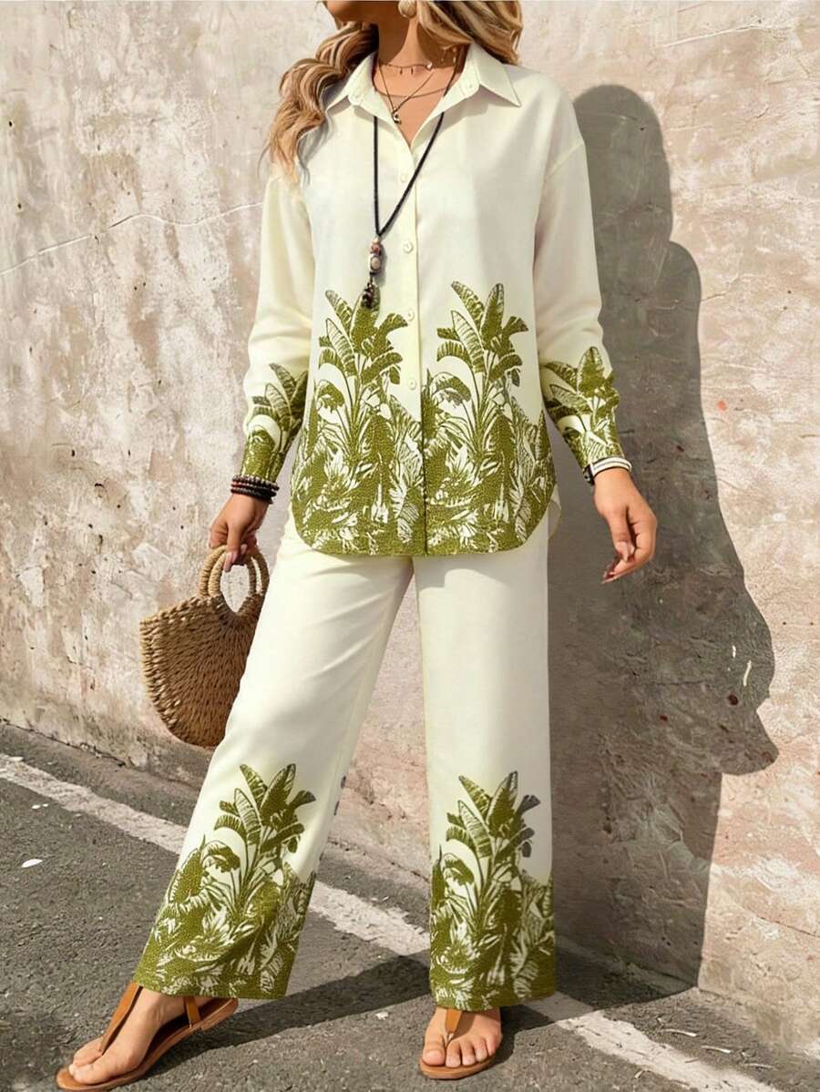 INAWLY Woven Fabric Positioned Print Elegant Loose Women's Suit, Suitable For Commuting - Green - View 1