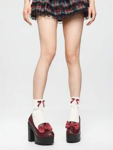 ROMWE Kawaii 女士性感派对及工作场合穿着的厚底粗跟高跟鞋，时尚春秋季鞋款，饰有水钻和蕾丝蝴蝶装饰，闭趾高跟玛丽珍鞋。 - 酒紅色 - 查看 2