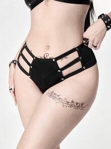 ROMWE Women's Gothic Style Milk Silk Rivet Sexy Thong Panties - Black - View 1