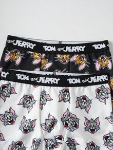 TOM & JERRY X SHEIN 2pcs/Set Young Boy Cartoon Allover Print Contrast Letter Tape Waist Comfortable Boxer Briefs - Black and White - View 7