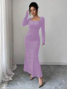 Elenzga Đầm ôm sát cổ cao bằng nhung màu vàng ánh kim dành cho nữ mùa Thu/Đông, đầm midi dáng đuôi cá xếp ly eo thanh lịch, thích hợp cho công sở và các dịp trang trọng. - Màu tím hoa cà - Xem 4