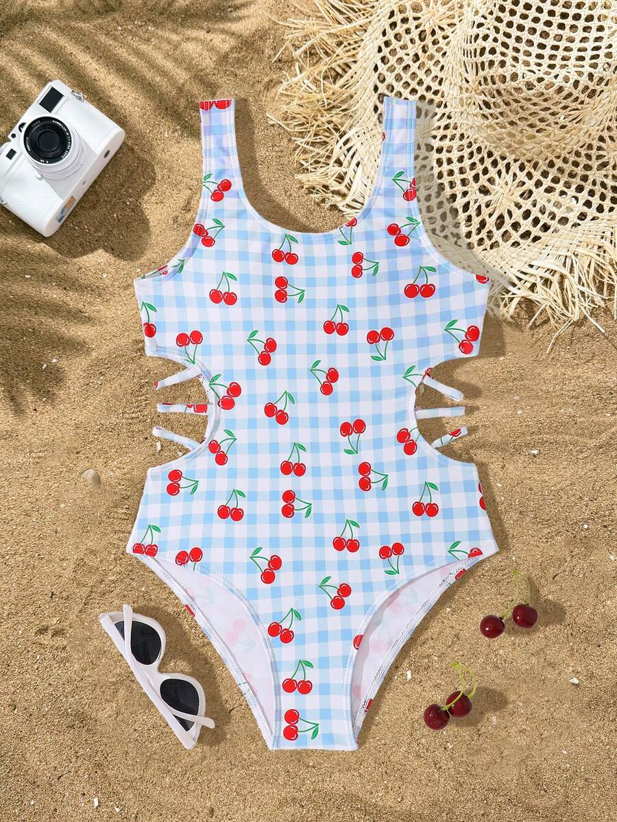 SHEIN Tween Girls Cute One-Piece Swimsuit,Blue White Striped Cherry Plaid Print,Cutout Waist,Knitted Summer Beach Holiday Swimwear For Teen Girls - Multicolor - View 1