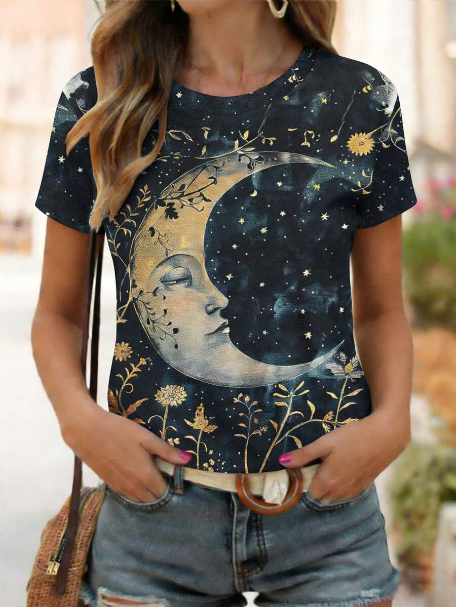 Women's Crescent Flower & Plant Pattern Round Neck Comfortable Casual Short Sleeve T-Shirt, Suitable For Daily And Holiday Wear - Multicolor - View 1