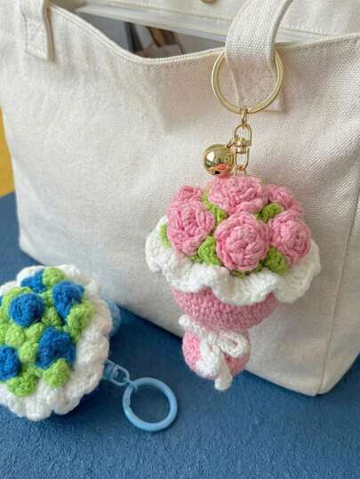 Joivida 1个手工钩编钥匙扣迷你花束人造玫瑰向日葵花卉礼物，送给女性朋友的生日、母亲节、情人节装饰品