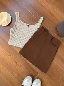 Comfortcana 夏季外出低腰纯色直筒灰色迷你裙 - 棕色 - 查看 5