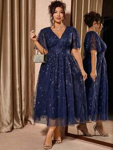 Cravure Plus Size Elegant Party Red V-Neck Mesh Sequin Ruffle Hem Dress - Navy Blue - View 5