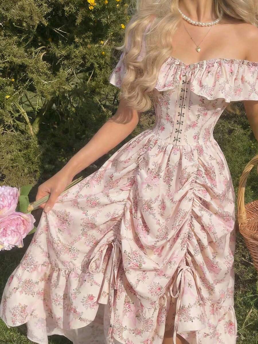 SHEIN MOD 女士复古印花露肩长裙 – 西部风、乡村风、波西米亚仙女风、度假风、复古束身连衣裙 - 彩色 - 查看 1