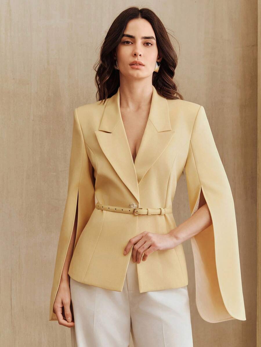 Anewsta 优雅黄色分叉袖收腰超长袖波浪纽扣女士西装外套 - 黃色 - 查看 1