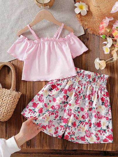 Vintaside Kids Tween Girl Two-Pieces Set Of A Light Pink Ruffle Trim Cold Shoulder Tee And High-Waisted Floral Shorts With A Drawstring, Featuring A Fashionable, Versatile And Sweet Country Style. It Is Perfect For Shopping, Afternoon Tea With Best Friends, Taking Photos And Checking In, Relaxing At Home