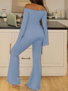 EasyFave Women's Tight-Fitting Bowknot Off Shoulder Bell Sleeve Top & Pants Pajama Set, Fall Winter Clothes - Blue - View 2