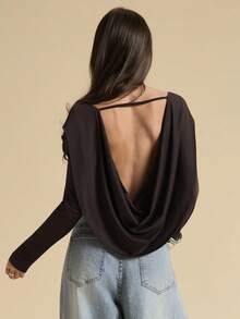 SHEIN BAE Brown Backless Plunging Neck Sexy Bodysuit For Women, Sexy Backless Top - Brown - View 5
