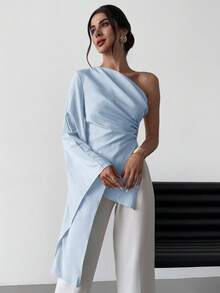 Firerie Áo kiểu nữ thanh lịch, thời trang mới, thích hợp mặc đi biển, nghỉ mát, đi chơi, tay dài lệch vai, xếp ly, đính kim loại, màu trắng. - Màu xanh nhạt - Xem 2
