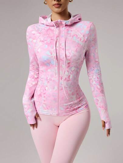 SHEIN Dewbera Women's Fitted Tie-Dye Tie Dye Wavy Print Yoga Sports Jacket Pink Zip Up Pink Workout Jacket Yoga Jacket Women Light Pink Hoodies For Women Zip Up