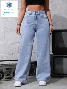 SHEIN ICON Women's Pocket Button Casual Versatile Commuting Wide-Leg Jeans - Blue - View 6