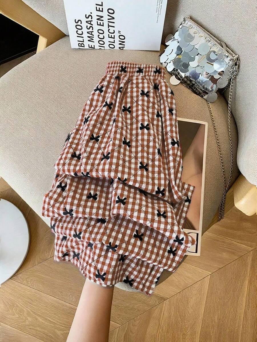 SHEIN Clasi 25pcs Retro French Plaid Elastic Waist Straight Leg Pants (Pattern And Direction Random) - Brown - View 1