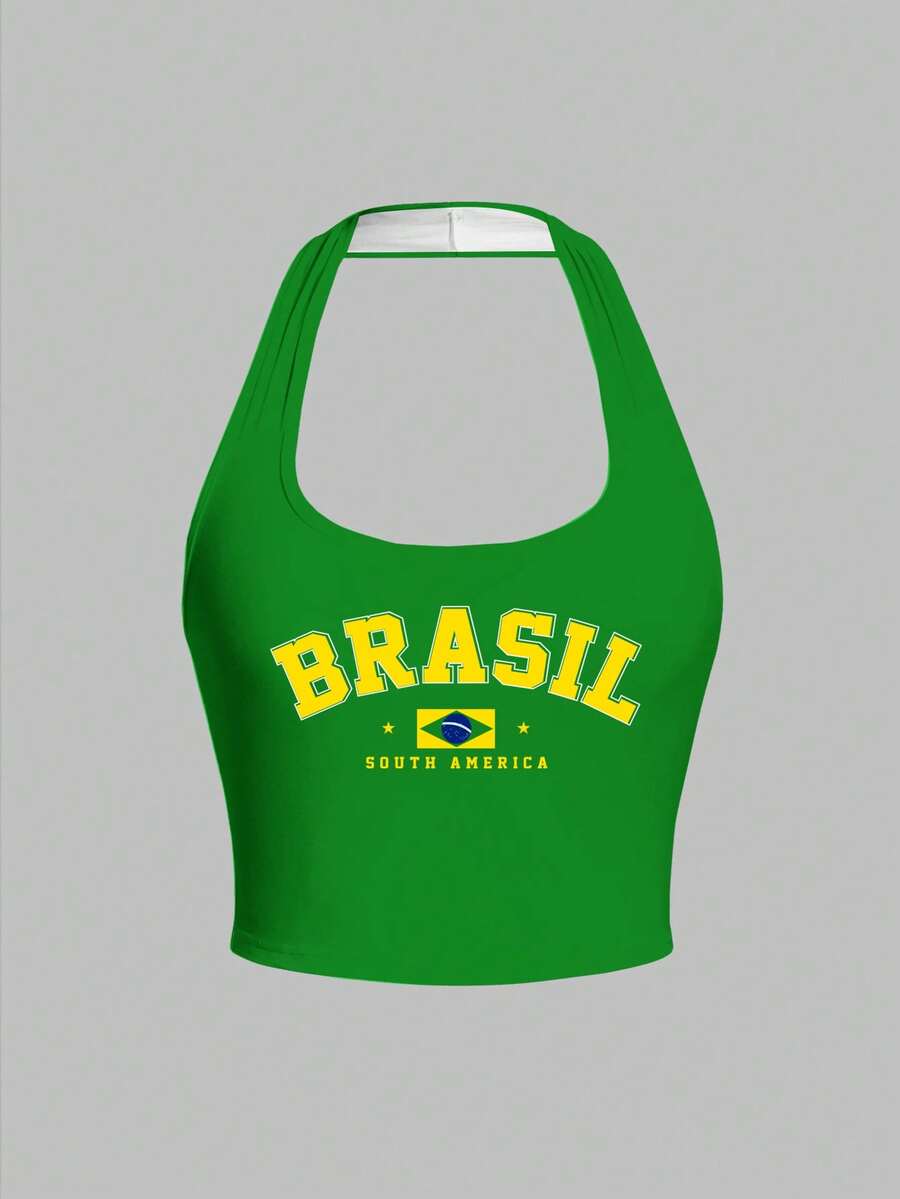 Tseoso Yellow English Print Pattern Green Women's Casual Tight Halter Neck Camisole, Suitable For Summer - Multicolor - View 1