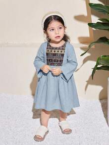 女婴可爱碎花流苏长袖连衣裙，春夏款 - 藍色 - 查看 6