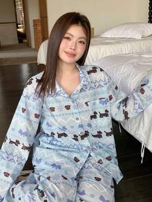 Dazy Plus Cute Cartoon Print Loose Cardigan Top And Pajama Pants Sleepwear Set, Suitable For Spring And Autumn - Blue - View 9