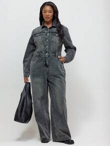 MUSERA Bộ áo liền quần ống rộng bằng vải denim mài, thích hợp cho mùa thu đông, phong cách thường ngày năng động, cá tính, đường phố, chưa qua chỉnh sửa. - màu đen - Xem 3