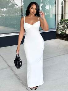 Alexandranx White Wedding Season Spaghetti Strap Floral Print Form-Fitting Backless Dress For Women,Summer Dresses For Women,White Dresses For Women - White - View 6