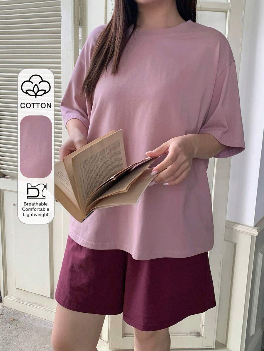 Dazy Plus 两件套休闲家居服,宽松短袖上衣和松紧腰短裤,大码女式睡衣,春夏款 - 紫色 - 查看 1
