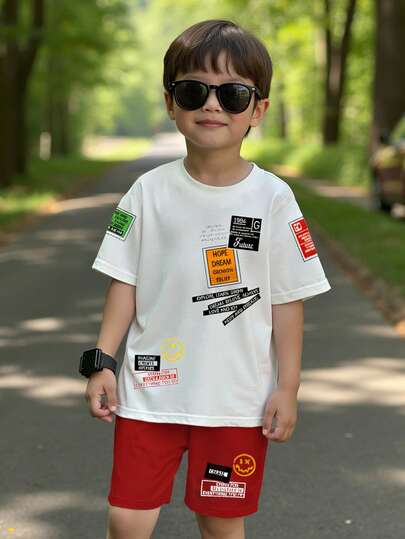 2件套幼儿男童时尚字母印花休闲舒适T恤短裤套装，白色T恤搭配红色短裤，适合所有季节，短袖上衣，百搭